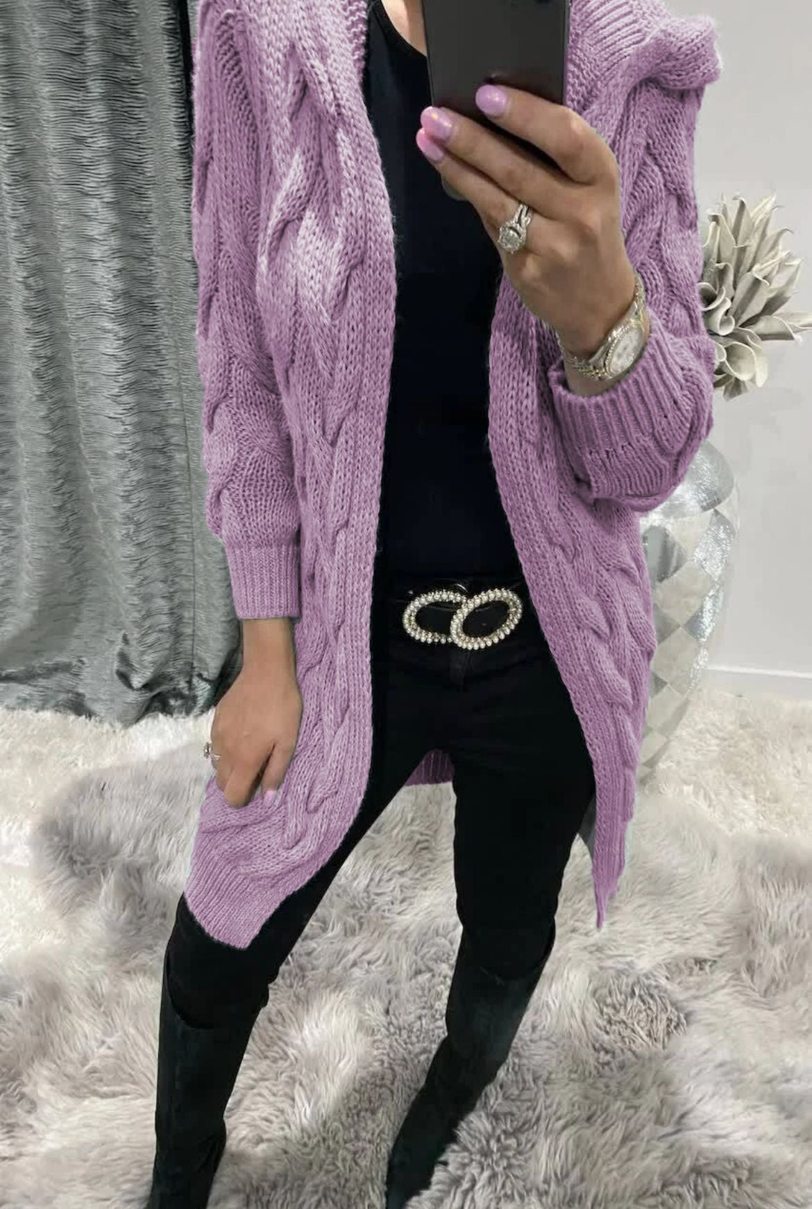 Damen Strickjacke Lang Zopfmuster Elegantes Design