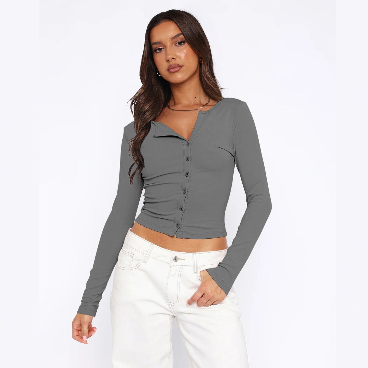 Damen Langarmshirt Figurbetont Elegant Knöpfe