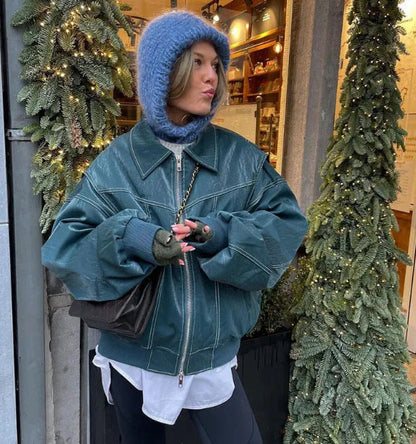 Große Damen Lederjacke Chic Oversized Design