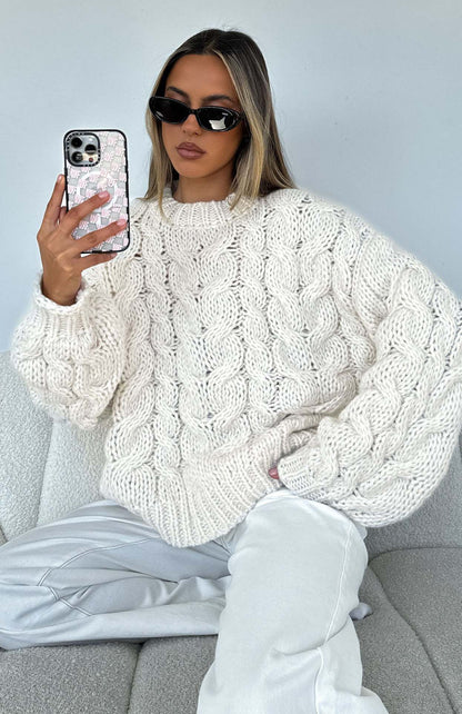 Damen Pullover Grobstrick Modern Zopfdesign