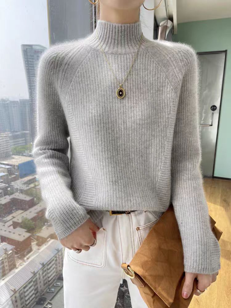 Damen Pullover Langarm Feine Rippstruktur Hochkragen
