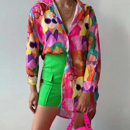 Damen Oversized Bluse Bunt Grafikdruck