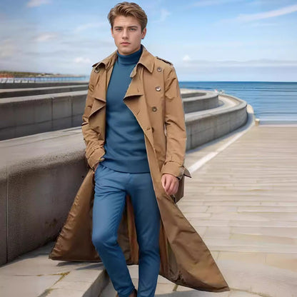 Herren Trenchcoat Lang Elegant Mit Taschen - IdealeKleiden