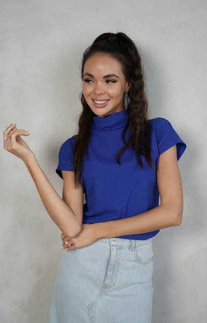 Damen Top Kurzarm Elegant Hochkragen