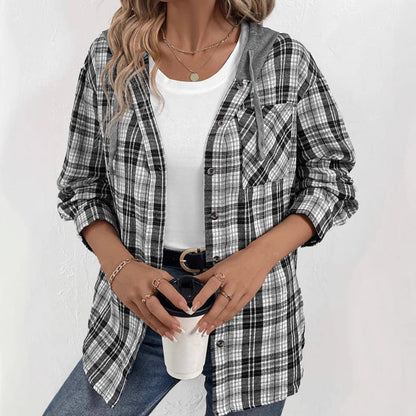 Damen Flanell Jacke Lässig Karo Kapuze