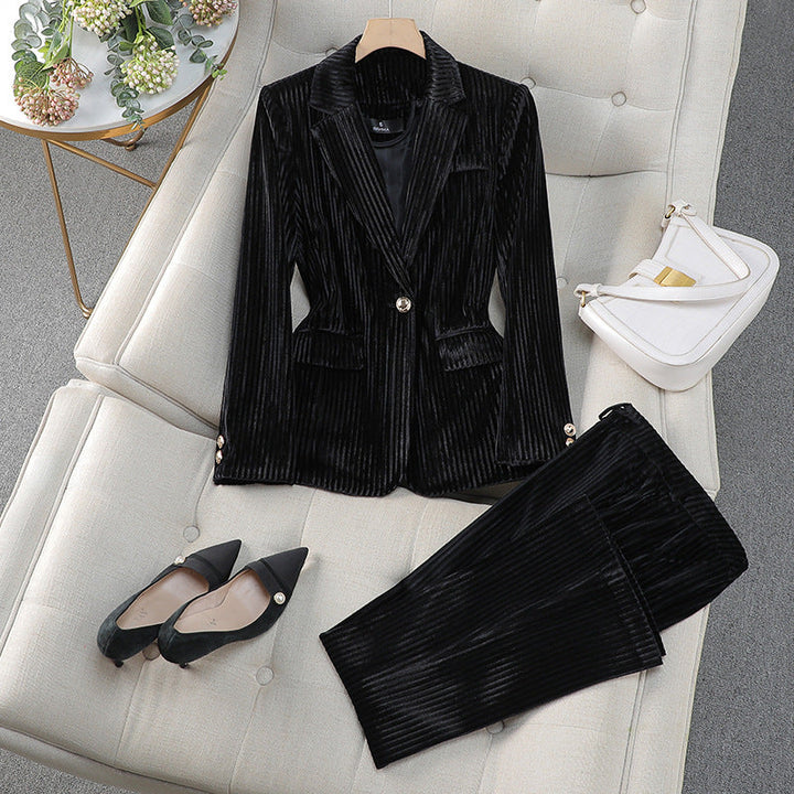 Damen Business Anzug Set mit Langem Samt Blazer