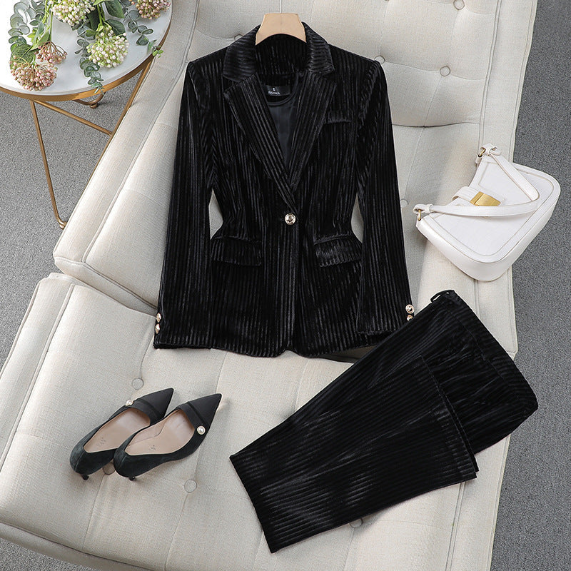 Elegantes Blazer-Kleid Satz, Taillierte Form, Samt Optik