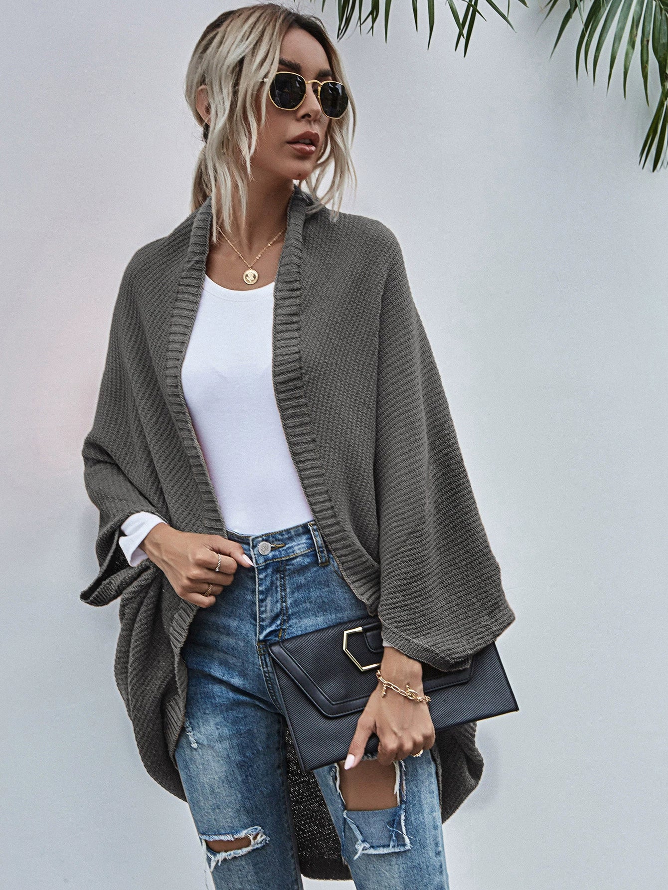 Weite Strickjacke Damen Oversized Wolle Fledermausärmel
