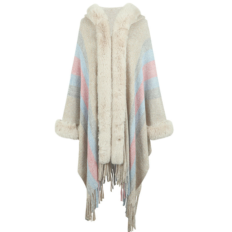 Damen Poncho Lang Luxus Faux-Fell Kragen