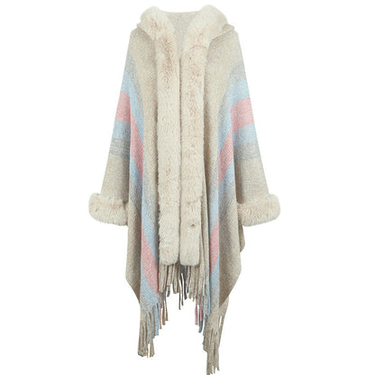 Damen Poncho Lang Luxus Faux-Fell Kragen