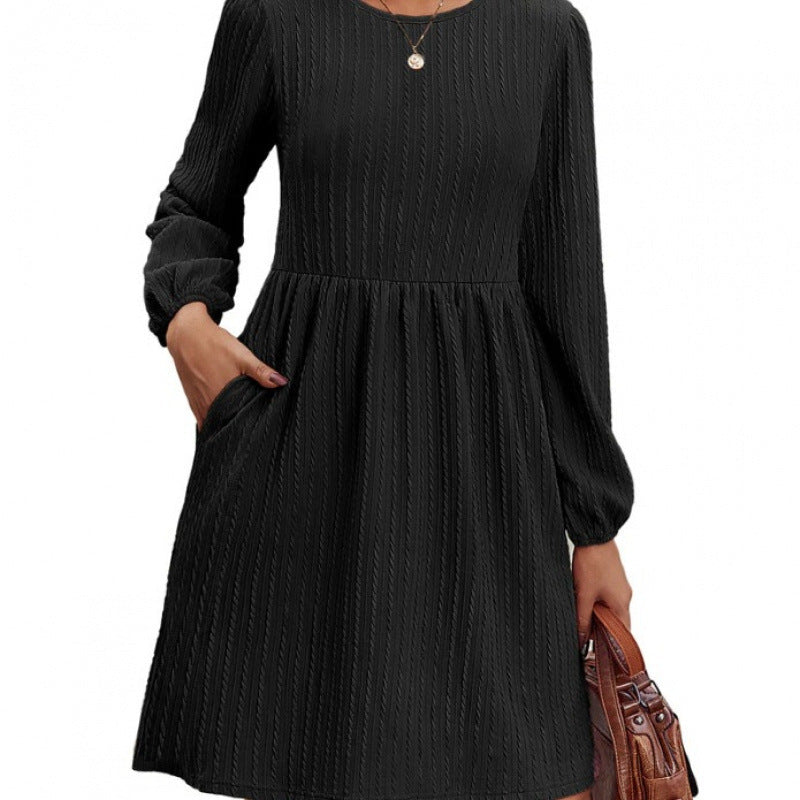 Damen A-Linie Kleid mit Puffärmeln Elegantes Rippstrick Design