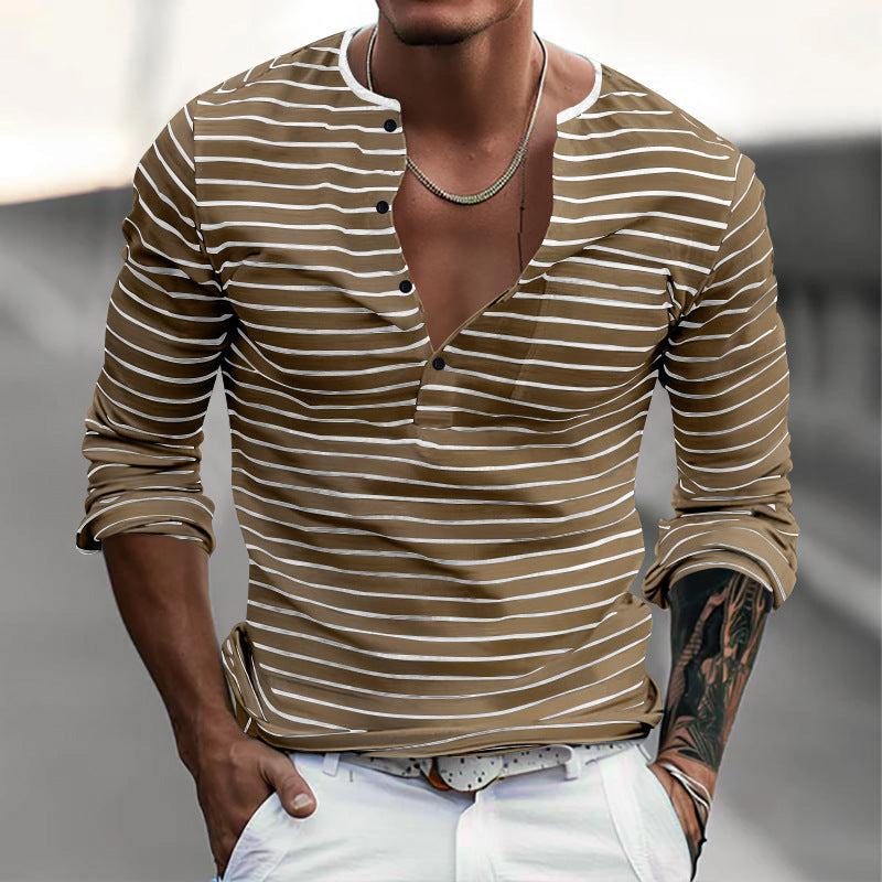 Herren Langarmshirt Streifenmuster Modern Knopfverschluss
