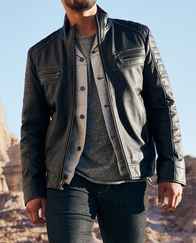 Herren Lederjacke Bikerstil Funktions-Taschen