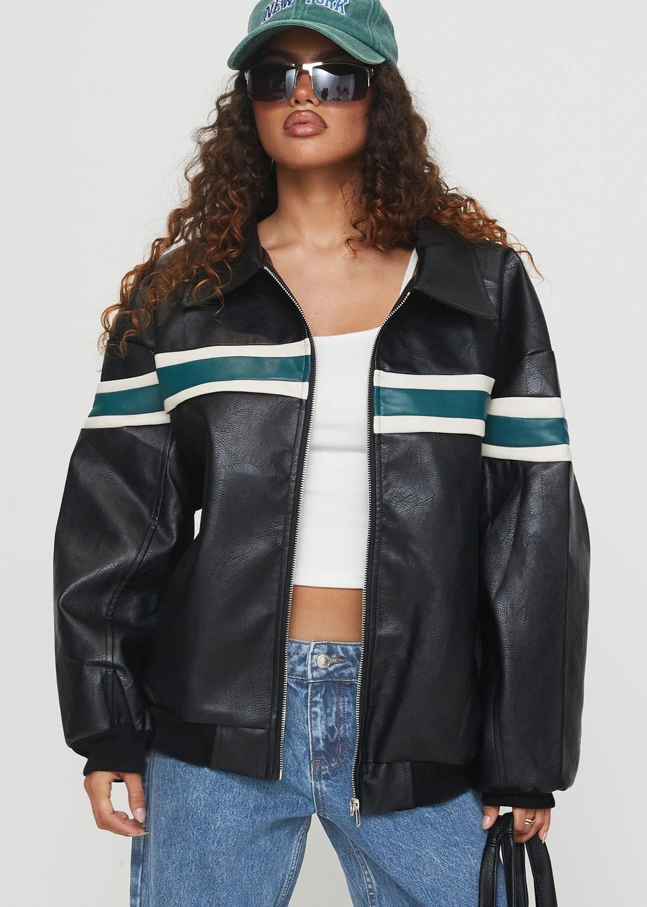 Stylische Bomberjacke Kunstleder Schwarz
