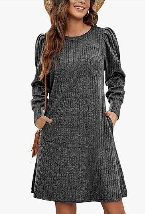 Damen Pulloverkleid Rüschendetails Seiten-Taschen