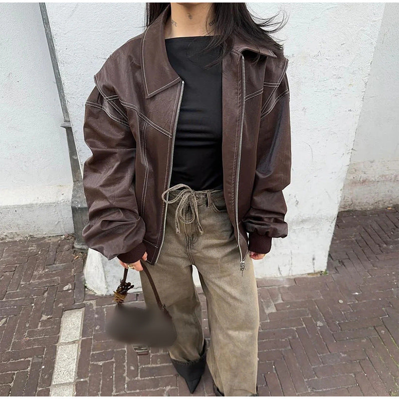 Damen Lederjacke Trendy Schmal Kragen