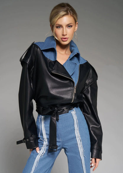 Stylische Lederjacke Zweifarbig Modern