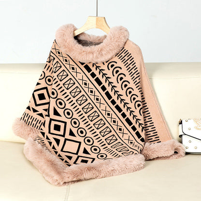 Damen Poncho Elegant Kunstfell Kragen Trendy