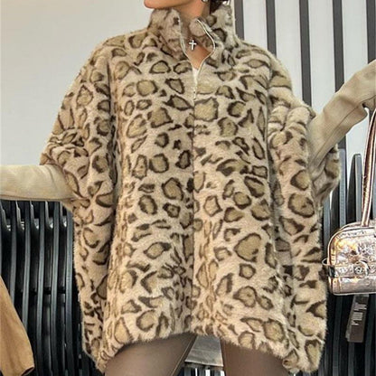 Damen Fleece Poncho Leoparden Look Warm - IdealeKleiden