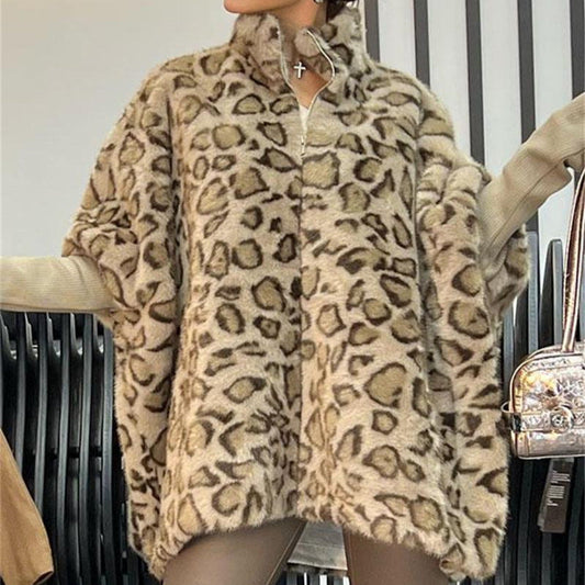 Damen Fleece Poncho Leoparden Look Warm - IdealeKleiden