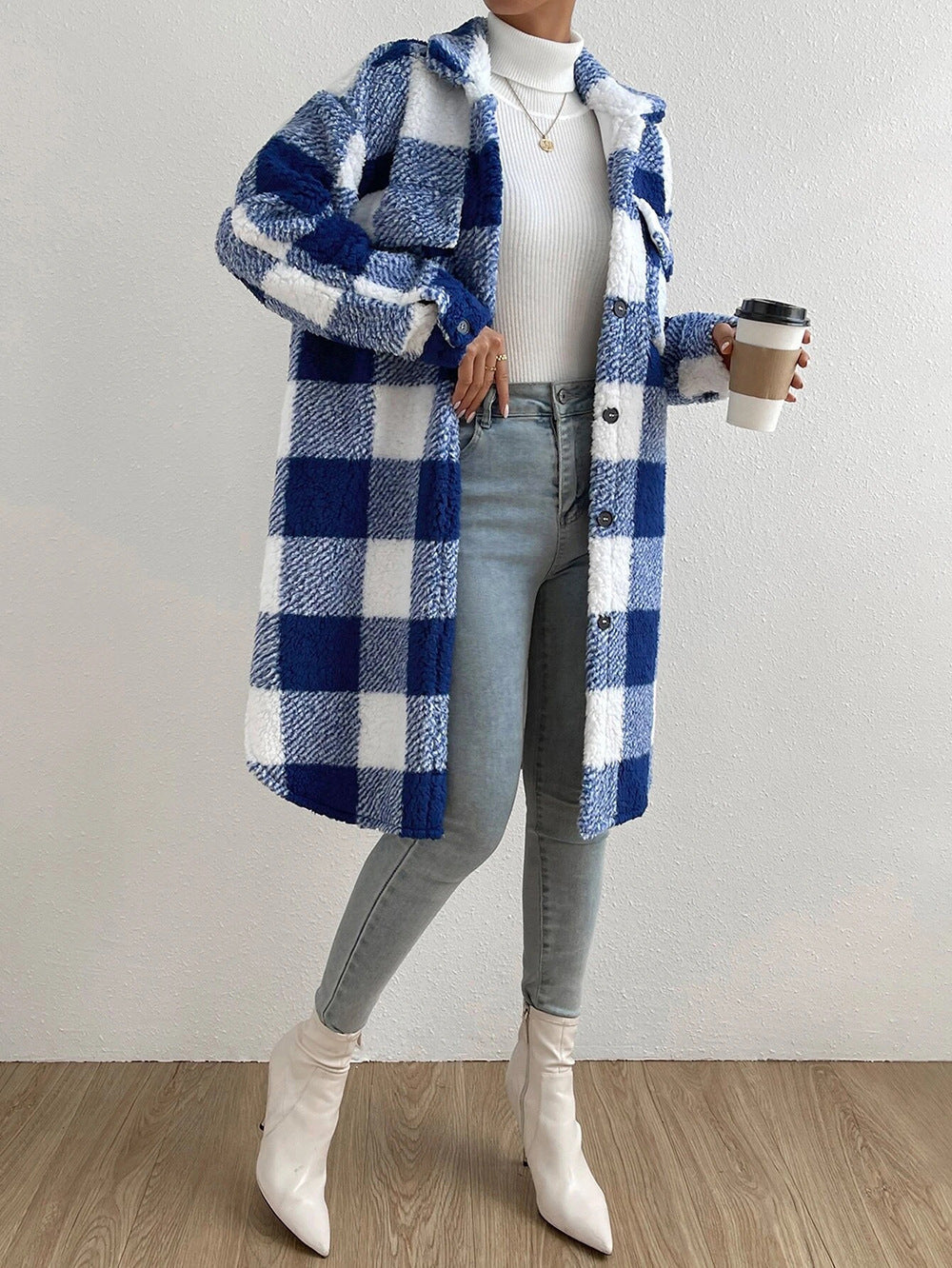 Warmes Karo Teddyjacke Damen Mantel