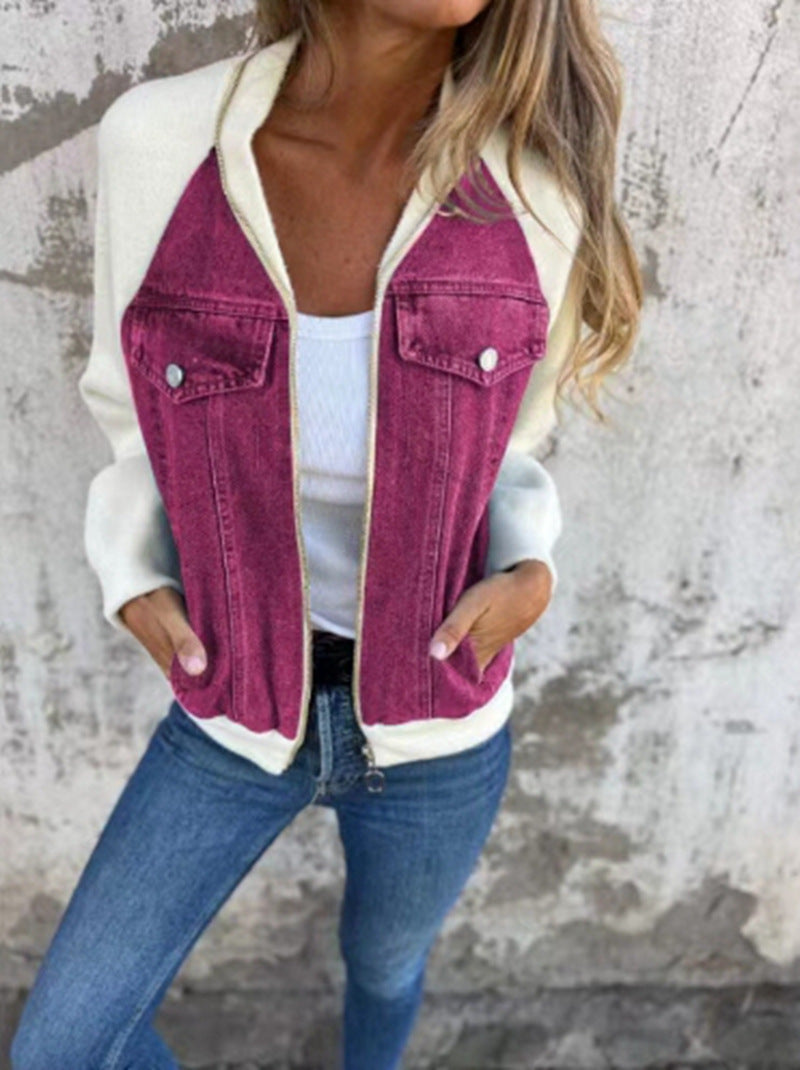 Damen Sweaterjacke Denim Style Fleece Ärmel