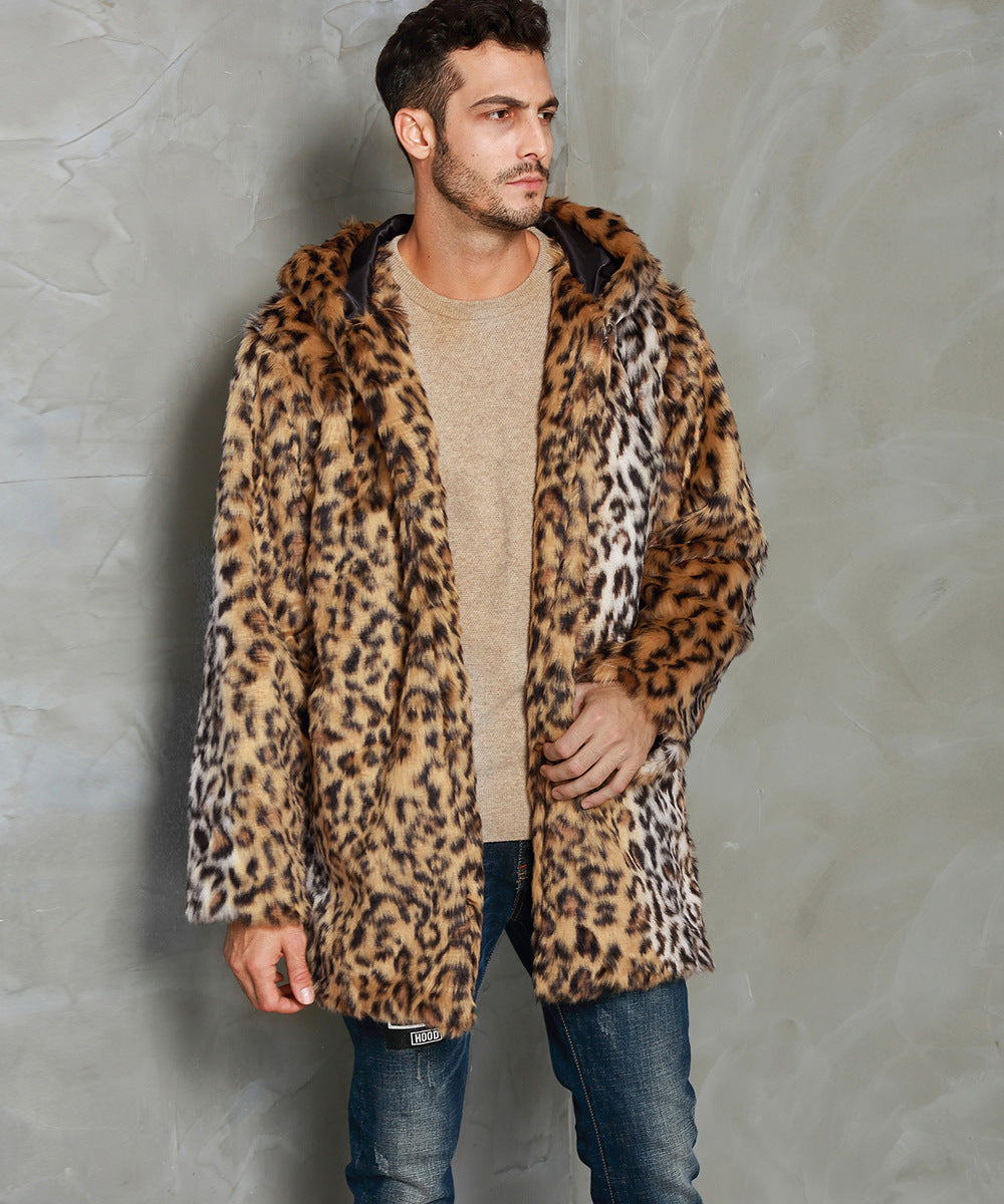 Herren Kunstpelz Mantel Elegant Kapuze Schick