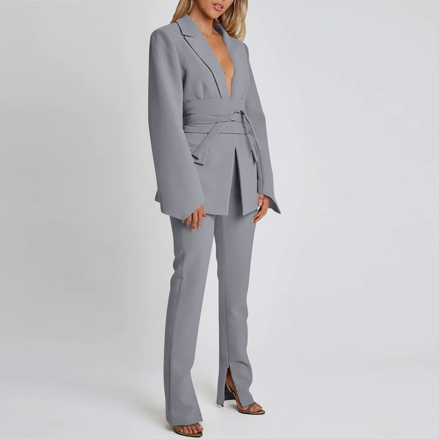 Damen Blazer Lang Elegant Schnitt Mit Taschen