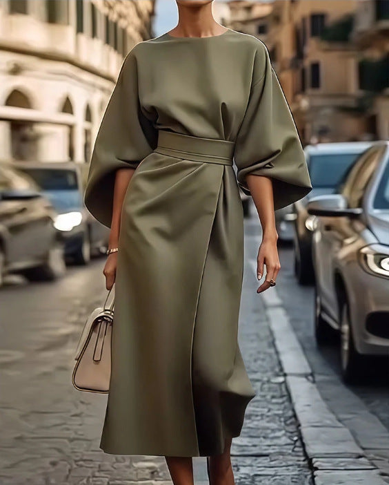 Damen Maxikleid Elegant Geschnürt mit Puffärmeln
