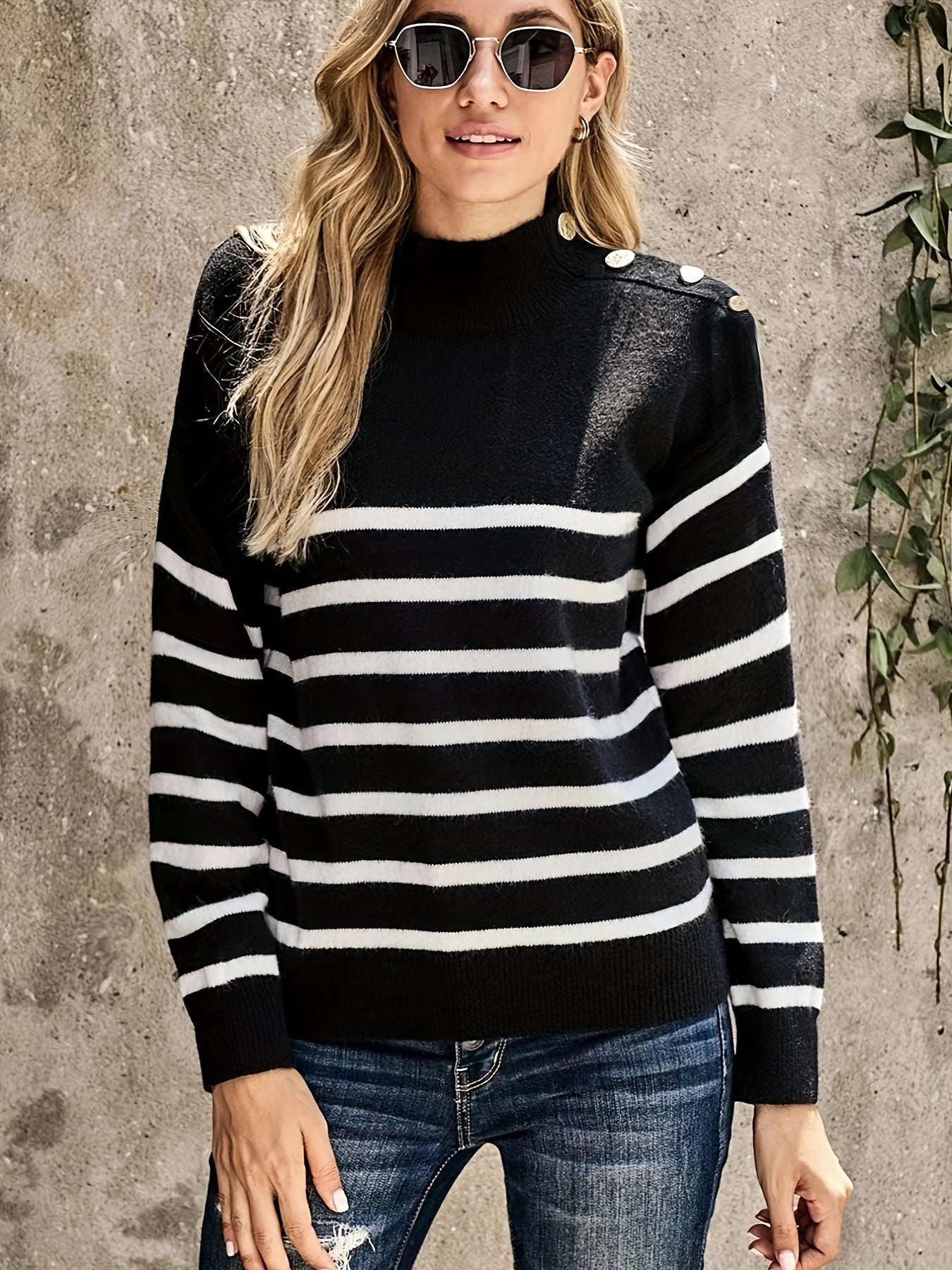 Gestreiftes Frauenkleid Langarm Strickpullover Modern