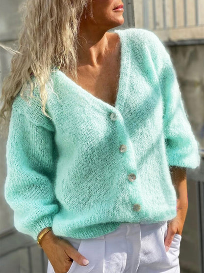 Damen Strickjacke V-Ausschnitt Lockere Puffärmel