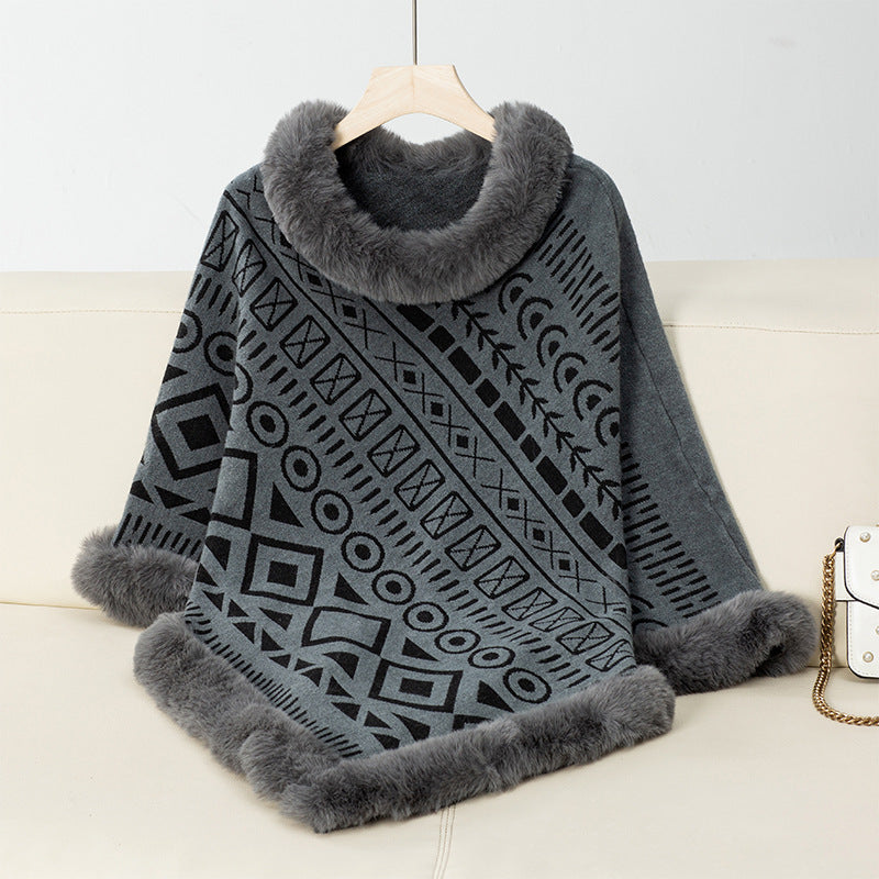 Damen Poncho Elegant Kunstfell Kragen Trendy