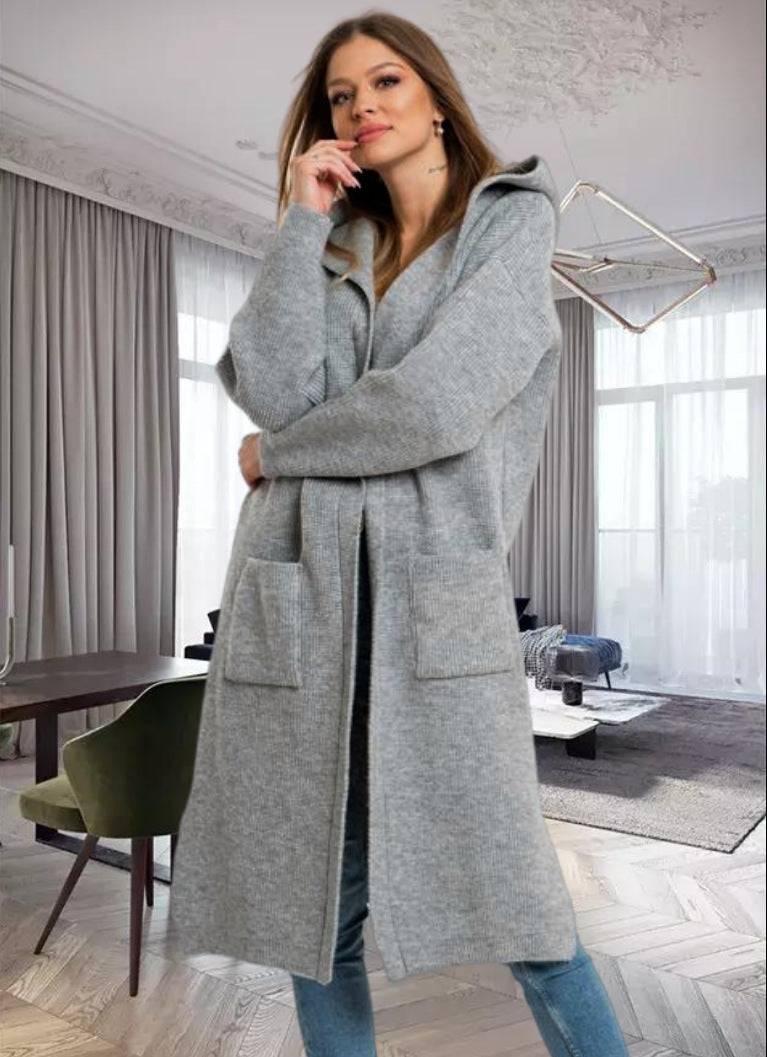 Damen Strickmantel Warm Kapuze Große Taschen