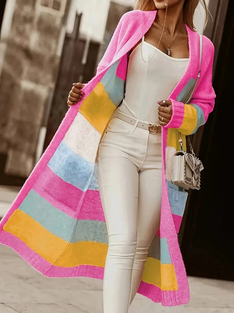 Damen Strickjacke Bunt Streifen Modisch Lang