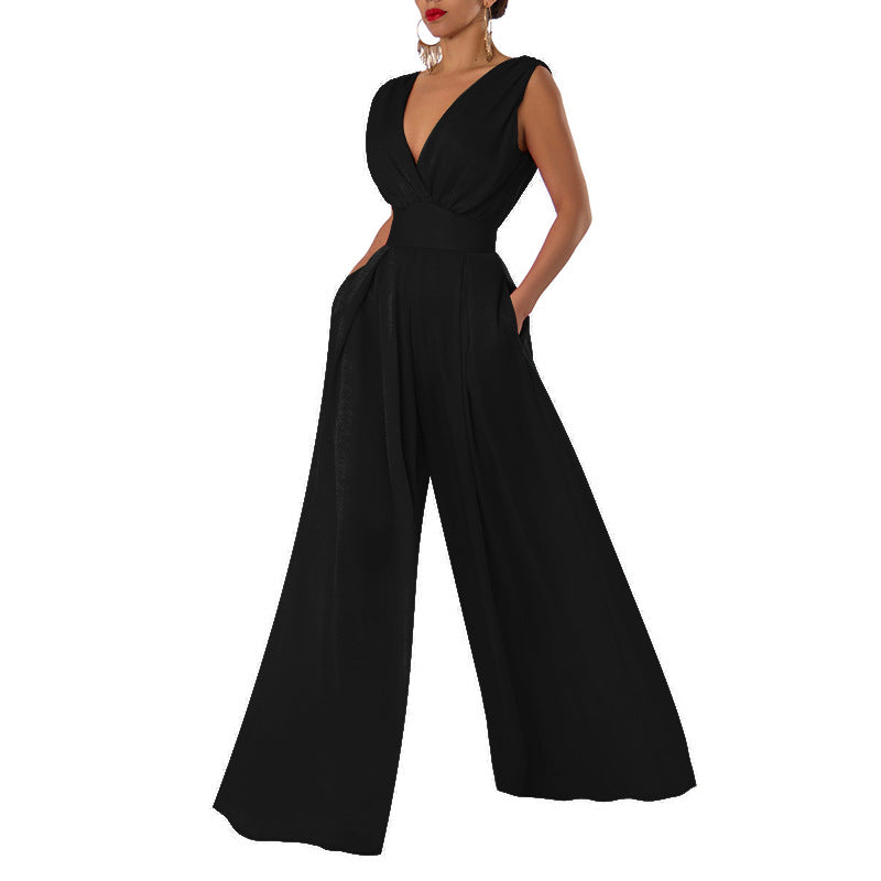 Damen Jumpsuit Elegant V-Ausschnitt Weite Bein - IdealeKleiden