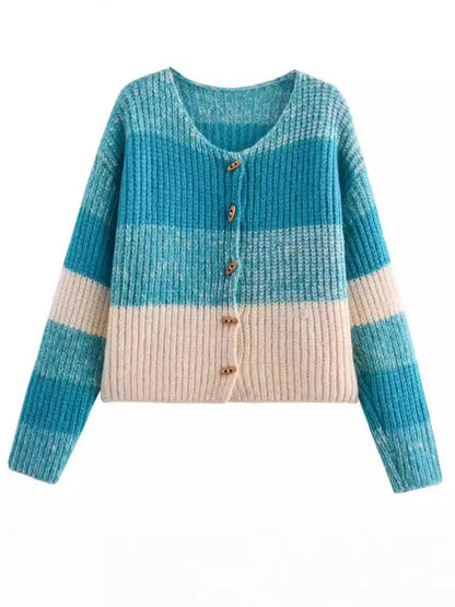 Damen Strickjacke Elastisch Rippmuster Holzknöpfe Elegantes Design