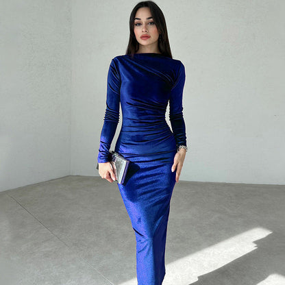 Elegantes Damen Langarmkleid Figurbetonend Raffdesign