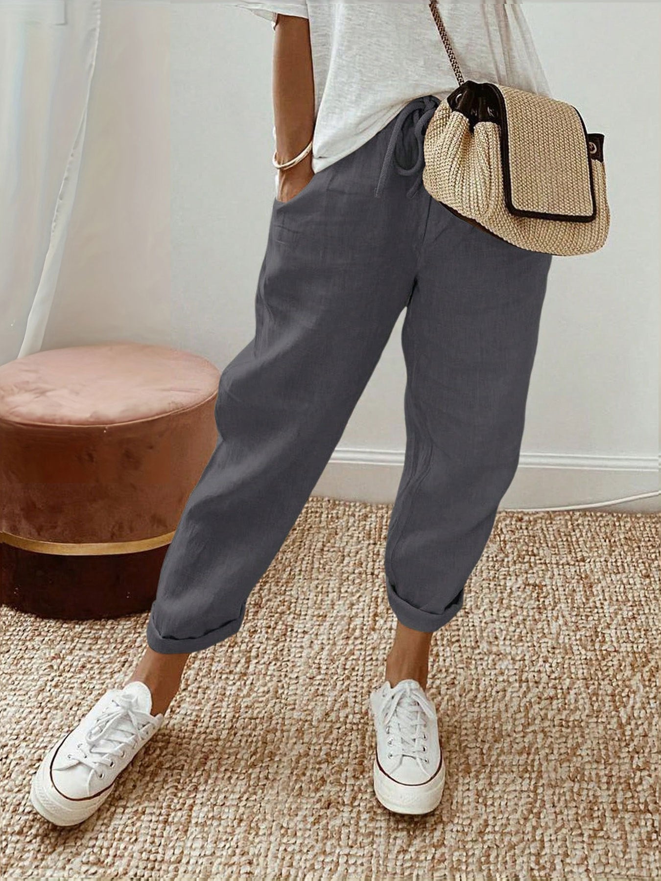 Damen Leinenhose Bequem ElastischMit Taschen