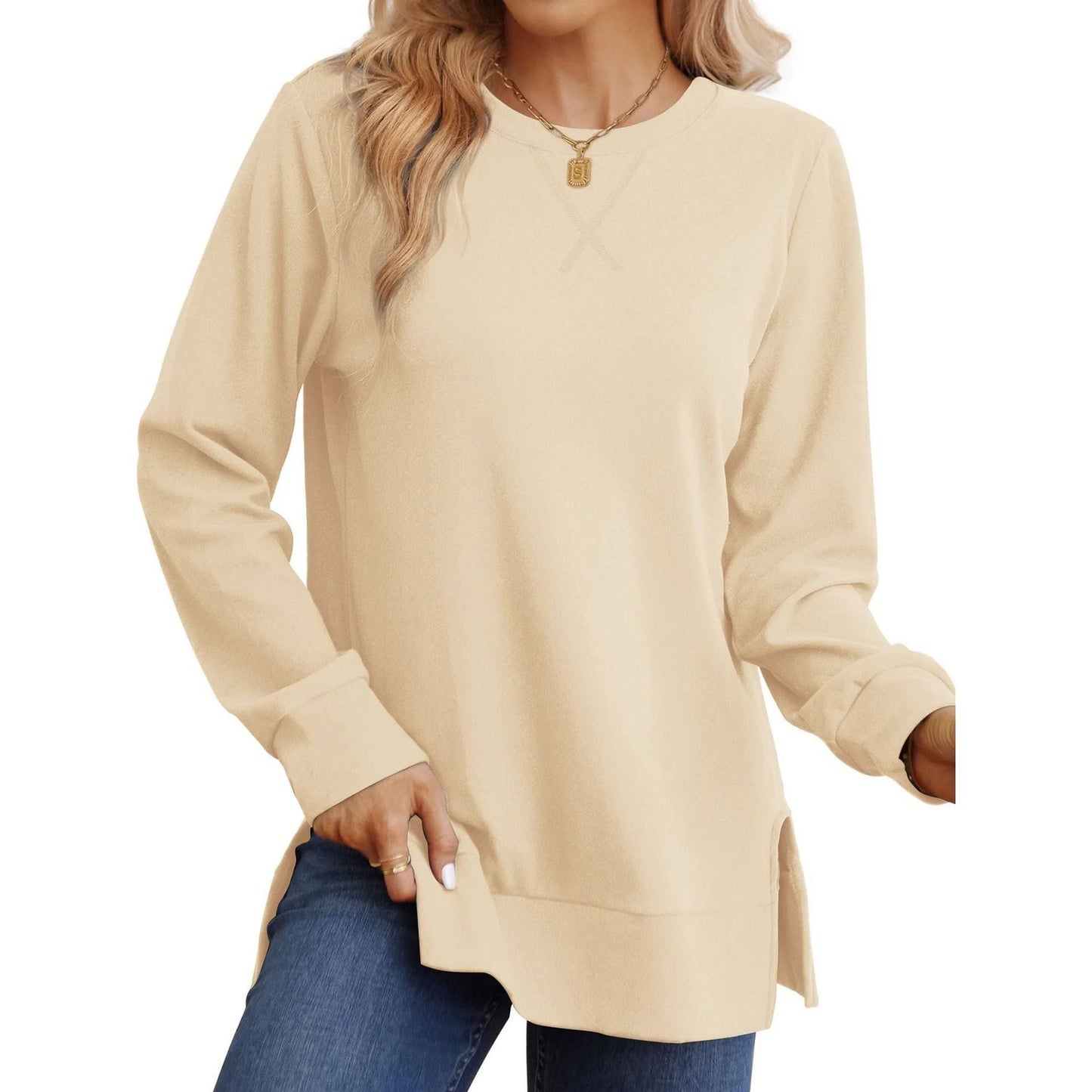 Damen Langarm Sweater Bequem Mit Seitenschlitz