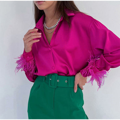 Damen Bluse Elegant Feder Dekolleté Satin