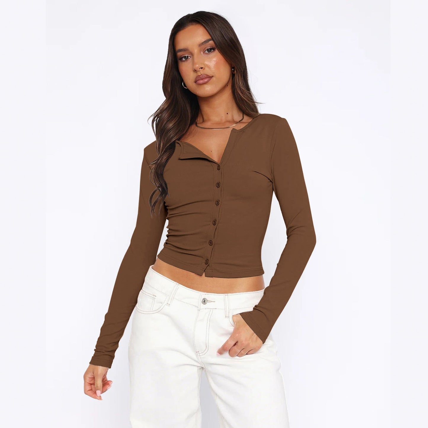 Damen Langarmshirt Figurbetont Elegant Knöpfe