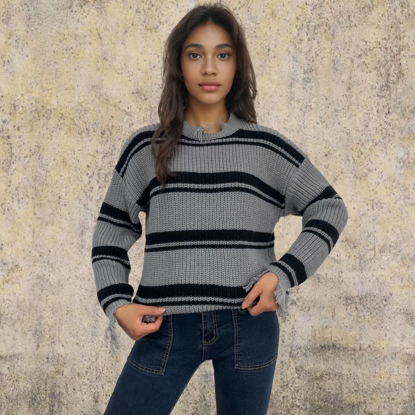 Übergröße Pullover Gestrickt Wolle Kontraststreifen