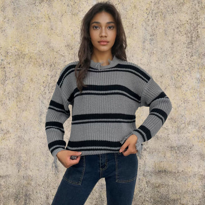 Übergröße Pullover Gestrickt Wolle Kontraststreifen