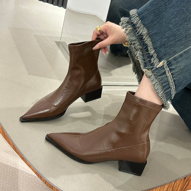 Damen Stiefeletten Elegante Spitze Blockabsatz Schuhe