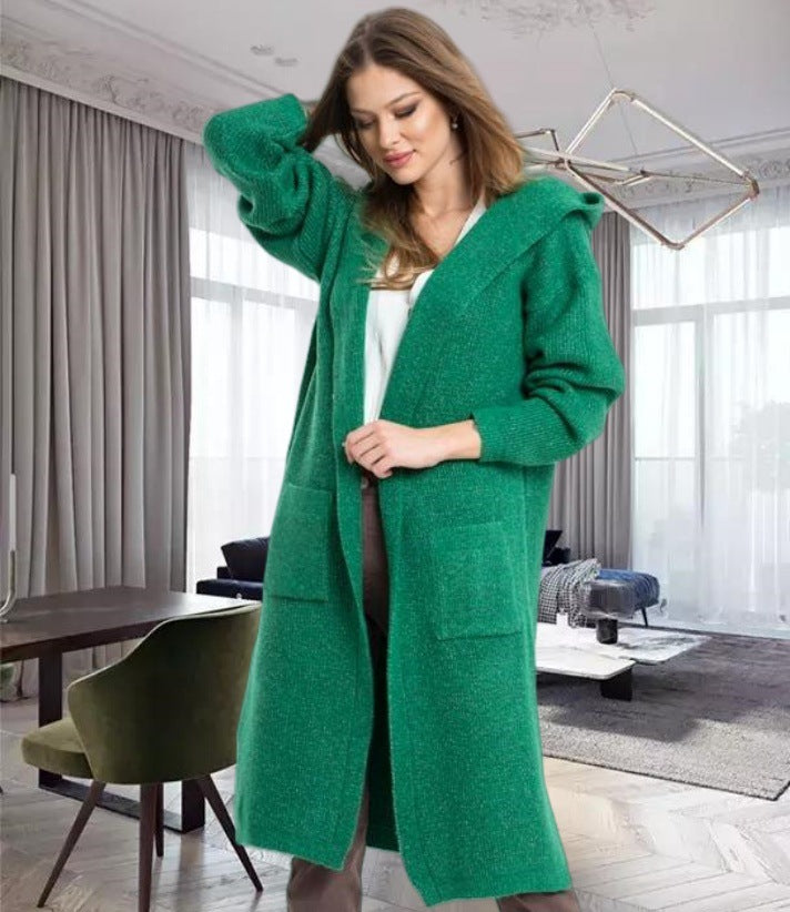 Damen Strickmantel Warm Kapuze Große Taschen