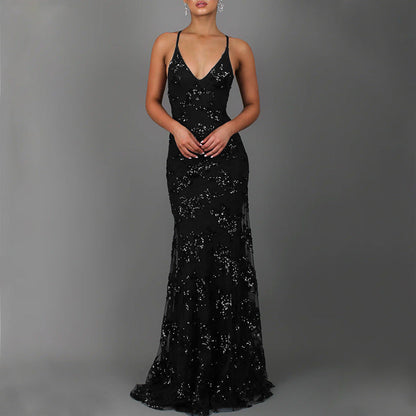 Glamouröses Abendkleid Damen Lange Paillettenkleid V-Ausschnitt