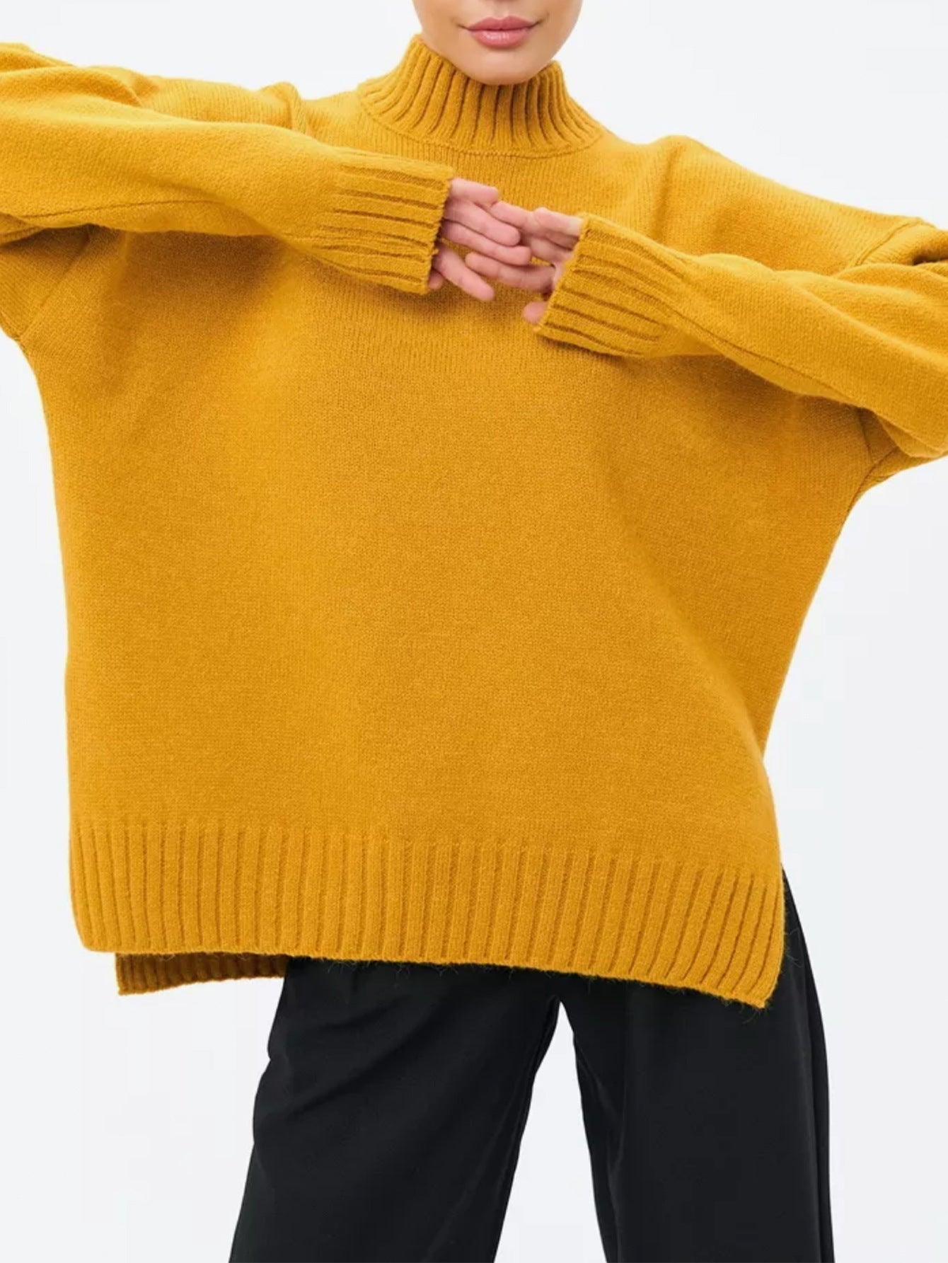 Übergrößer Pullover Gerippt Semi Hoher Kragen