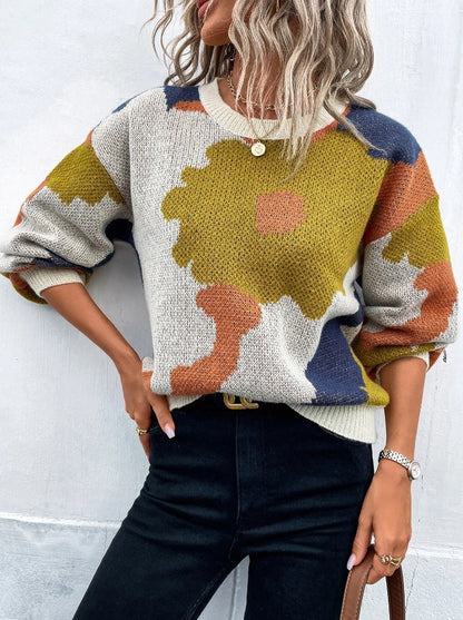 Gemusterte Strickpulli Lockere Passform Rundhals