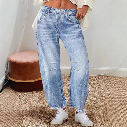 Damen Hoch Taillierte Baggy Jeans Bequem Geschnitten - IdealeKleiden