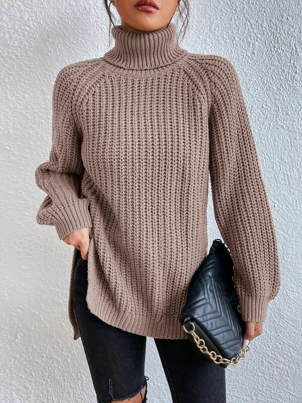 Damen Strickpullover Hochkragen Wabenmuster Eleganz